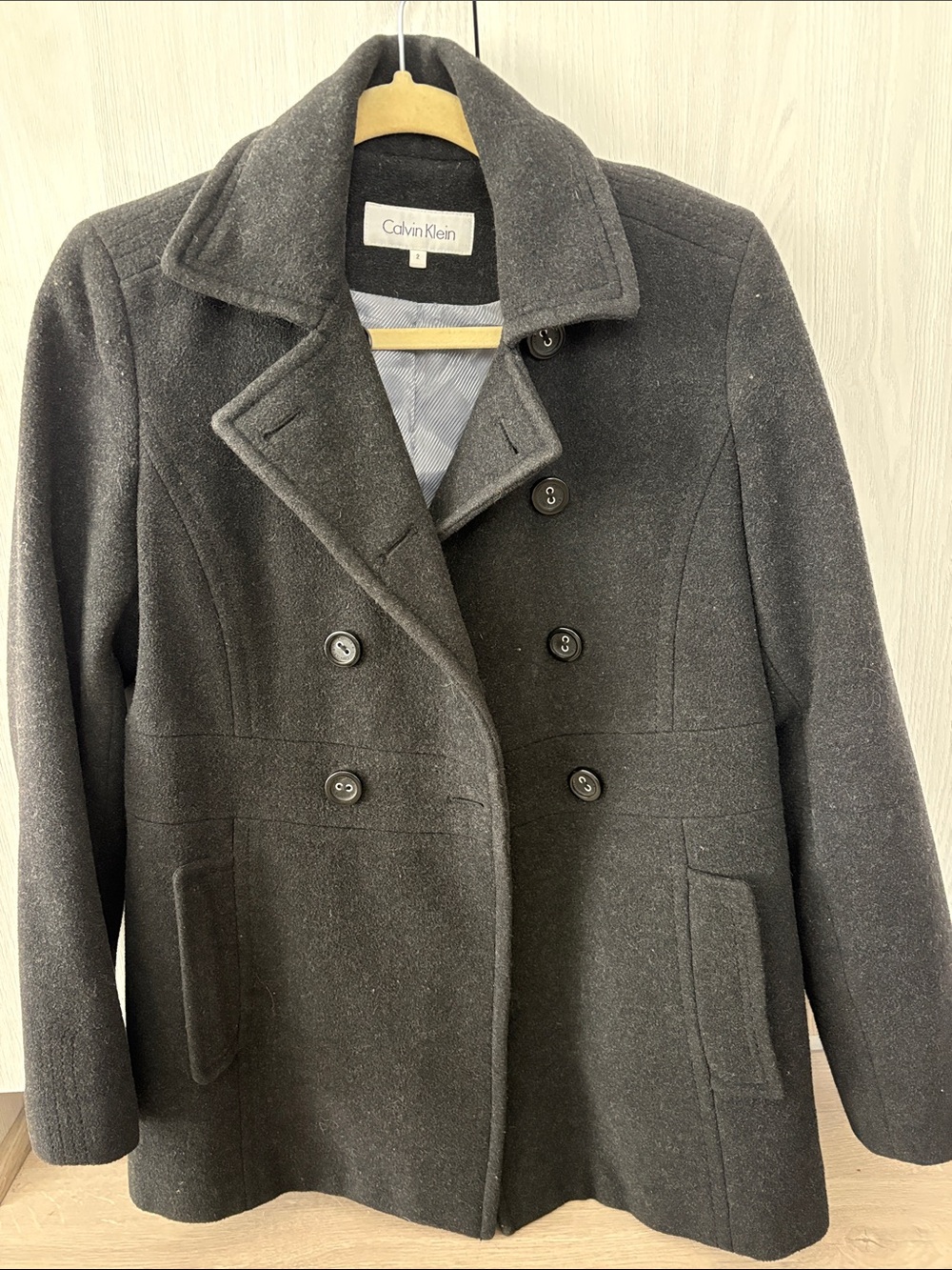 Calvin Klein Dark Gray Double-Breasted Wool Peacoat
